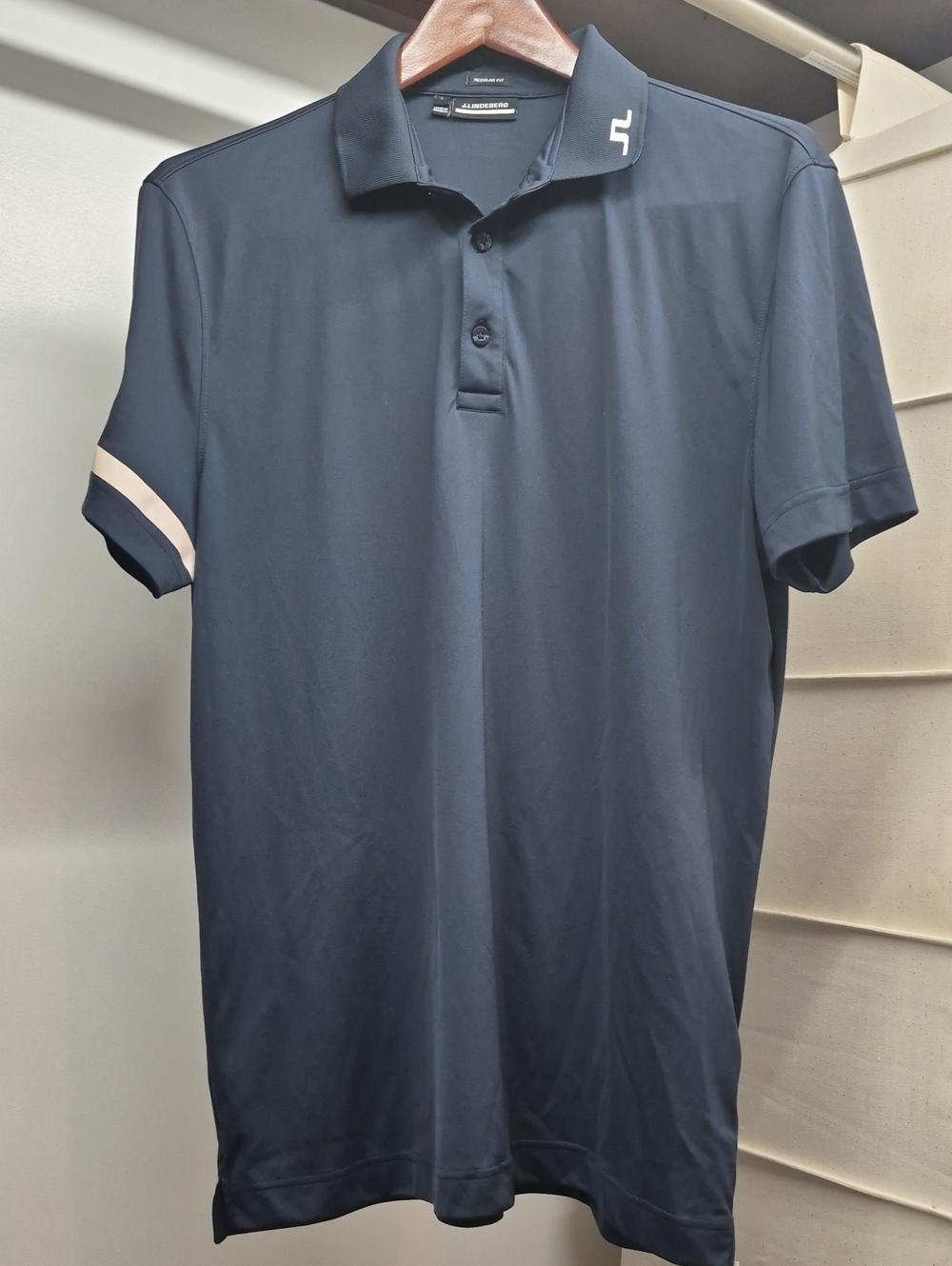 J.Lindeberg Navy Polo with Cream Sleeve Stripe